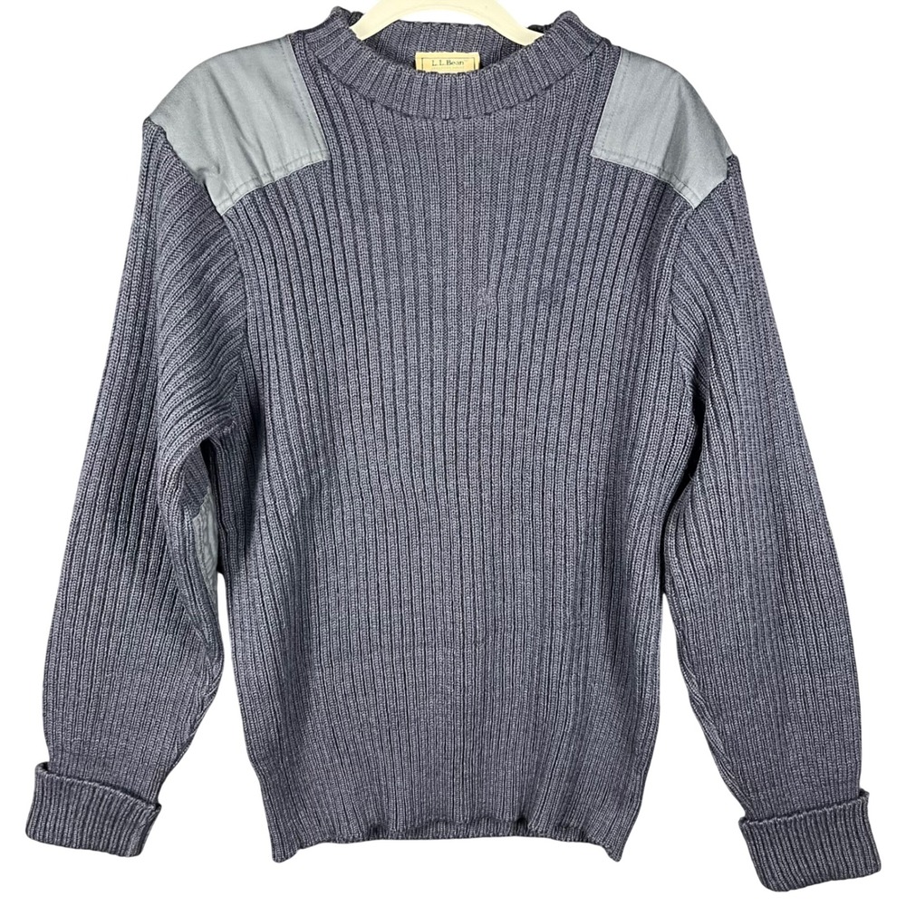LL Bean Commando Sweater Mens L Blue Wool‎ Ribbed Patch Made in England Outdoors